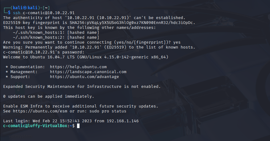 SSH session established to compromised host